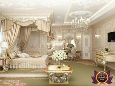 a luxurious bedroom with chandelier, bed, desk and tv on the wall