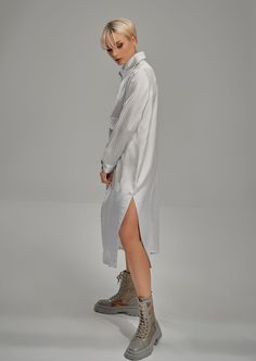 NY77 - LiLi The First boutique - Silver long shirt Elegant Oversized Shirt Dress With Placket, White Relaxed Fit Shirt Dress For Work, White Shirt Dress With Shirttail Hem For Work, White Shirt Dress With Button Cuffs For Daywear, Oversized White Collared Shirt Dress, Oversized White Shirt Dress With Button Closure, White Relaxed Fit Shirt Dress With Button Closure, White Shirt Dress With Button Closure And Relaxed Fit, White Button-up Shirt Dress For Daywear