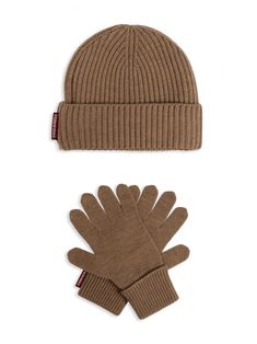 brown wool ribbed knit mini logo tag turn-up brim pull-on style set of two Brown Classic Beanie For Winter, Fitted Brown Beanie For Winter, Brown Wool Knitted Hat, Brown Hand Knitted Beanie, Brown Wool Knitted Beanie, Brown Knitted Acrylic Beanie, Brown Hand-knitted Beanie, Knitted Wool Beanie, Mini Logo