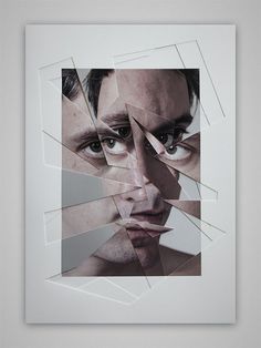 a man's face is shown through some pieces of paper that have been cut in half