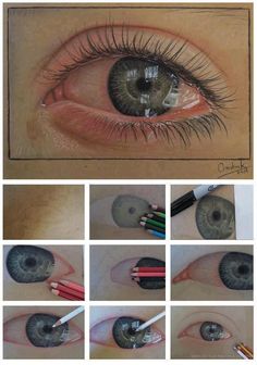 the process of drawing an eye with colored pencils