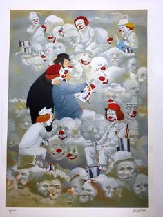 a painting with many clowns and people in the background, including one holding a child