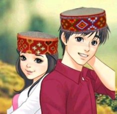 an animated image of a man and woman wearing head coverings on their heads, with trees in the background