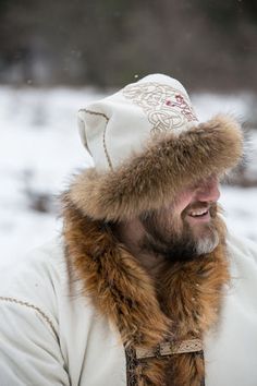 Viking Winter Hat | white with embroidery Icelandic Vikings, Hat Embroidery Ideas, Viking Hats, Santa Clothes, Rus Viking, Medieval Hats, Viking Hat, Viking Men, Santa Outfit