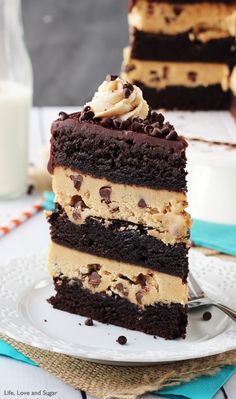 a slice of chocolate cake on a plate with a glass of milk in the background