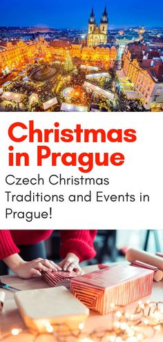 christmas in prague with text overlaying the image and an image of a cityscape