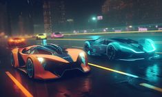 two futuristic sports cars driving on a wet road at night with city lights in the background