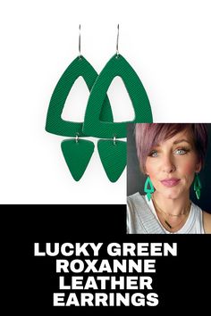 Introducing the Lucky Green Roxanne Leather Earrings! These earrings are made of premium saffiano leather in a vibrant green. They're perfect for adding a touch of edginess to any outfit. Whether you're dressing up for a night out or accenting your everyday look, these earrings are sure to make a statement! -Premium leather -Unbelievably lightweight -Earrings hang from nickel-free hypoallergenic silver-plated hooks -Sizing: 3"