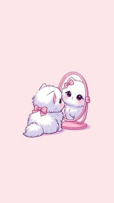 a small white dog sitting in front of a mirror with its paw on it's face