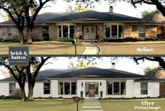 before and after pictures of a brick and stucco house in the texas hill country style