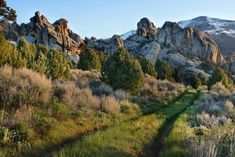 a trail winds through the grass in front of mountains