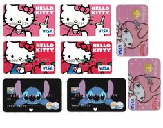 hello kitty visa cards are shown in four different styles and colors, with the same character