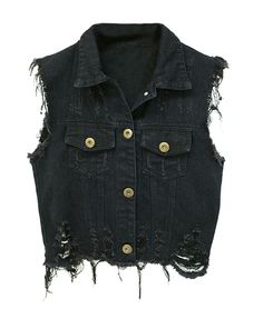 a black denim vest with holes and buttons on the front, worn in dark blue