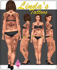 some tattoos on the back of a woman's body and chest are shown in three different poses