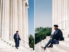 a man sitting on the steps of a building next to another man in a graduation gown