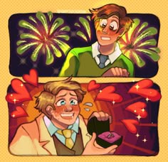 two cartoon characters with fireworks in the background