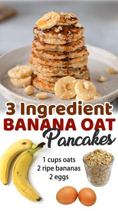 banana oat pancakes are stacked on top of each other with two ripe bananas next to them