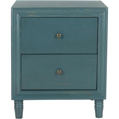 a blue nightstand with two drawers on each side and one drawer open to show the bottom