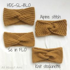 three knitted headbands are shown with the names above them and below it