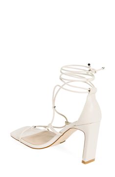 A slender heel adds a sophisticated flourish to a strappy sandal designed with a squared-open toe. Wraparound ankle strap with tie closure Synthetic upper, lining and sole Imported Designer Sandals, Nordstrom Store, Sandal Women, Strappy Sandals, Nordstrom Rack, Ankle Strap, Open Toe, Chalk, Womens Sandals