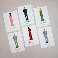 four different types of people in formal clothes on cards with the words reserved, reserved, reserved and reserved