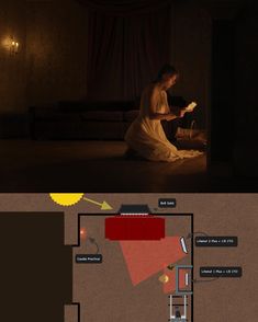 a woman sitting on the floor reading a book in a dimly lit room, and an image of a living room