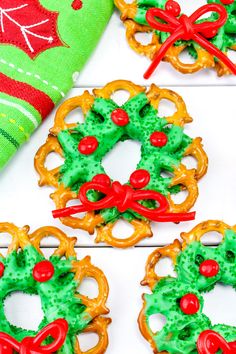 christmas pretzels decorated with candy and decorations