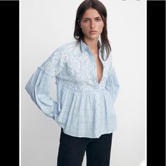 Sold Out Style Nwt Price Firm Light Blue Floral Embroidered V-neck Top, Chic Blue Tops With Floral Embroidery, Embroidered Long Sleeve Light Blue Blouse, Light Blue Embroidered Tops For Spring, Light Blue Embroidered V-neck Top, Long Sleeve Embroidered Top For Spring Daywear, Zara Embroidered Tops For Spring, Zara Embroidered V-neck Blouse, Casual Embroidered Zara Blouse