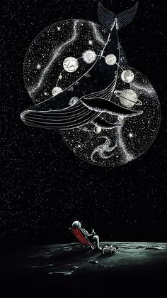 a drawing of a man sitting on the moon next to a boat with planets in it