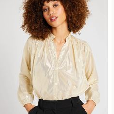 New With Tag Attached - Mille Francesca Blouse In Gold Lame. The Perfect Night Out Blouse. Sheer. Easy To Dress Up Or Down. Ruffled Collar And Slightly Fuller Sleeves Button Down With A Voluminous Body Designed For Tucking. Xs Measurements: Chest 41” Length 26” Sleeve 24” Gold Shirt Outfit, Holiday Blouse, Button Down Style, Beauty Gift Card, Gold Shirt, Gold Blouse, Gold Lame, Holiday Party Outfit, Ruffled Collar