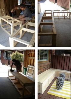 four different shots of people sitting on wooden benches and tables outside in the day time