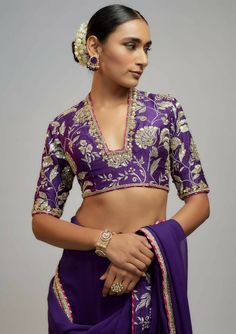 Golconda Myra Gold Embroidery Zardosi Work Purple Sari Set Luxury Purple Dola Silk Traditional Wear, Luxury Purple Embroidered Blouse Piece, Semi-stitched Georgette Blouse With Intricate Embroidery, Festive Blouse With Intricate Embroidery And Traditional Drape, Elegant Festive Kundan Blouse Piece, Festive Elegant Kundan Blouse Piece, Festive Traditional Drape Blouse With Intricate Embroidery, Festive Brocade Pre-draped Saree With Zari Work, Gold Intricate Embroidery Blouse In Georgette