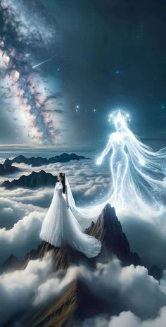 a woman in a wedding dress standing on top of a mountain surrounded by clouds and stars