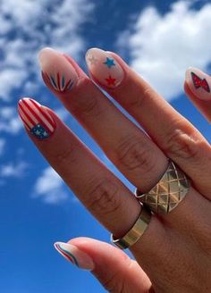 Easy 4th Of July Nails, Design Nails Art, Patriotic Nails Design, Cowboy Nails, Teen Nails, Patriotic Nails, Western Nails, Fourth Of July Nails, Hippie Nails