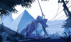 an alien standing in the middle of a forest next to a tall pyramid and power lines