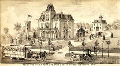 an old drawing of a horse drawn carriage in front of a large building