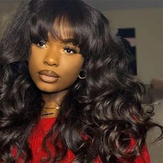 Remy Human Hair Wig Water Wave With Bangs Black Brazilian Hair 180% Density 16&quot; Clipin Hair Extensions, Natural Human Hair, Cheap Human Hair, Remy Human Hair Wigs, Human Hair Wig, Brazilian Human Hair, Wigs Hair Extensions, Wig Styles, Clip In Hair Extensions