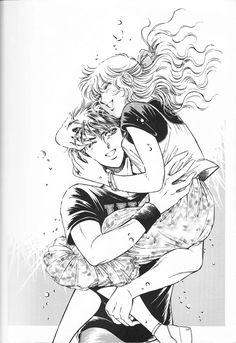 a black and white drawing of two people hugging