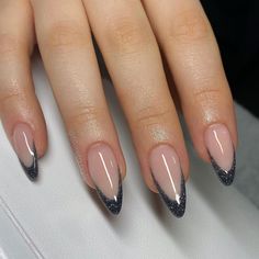 nail. French Manicure Designs On Almond Nails, Almond Nails Trendy Black, Elegant Almond Nails Classy Black, Silver Almond Nails Designs, Black Inspired Nails, Types Of Nails To Get At Salon, Nails With Black Details, Colored Tip Nails, Almond Nails Black