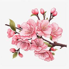 pink flowers are blooming on the branch with green leaves in front of a white background