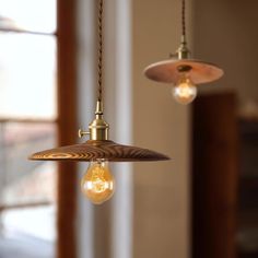 two light bulbs hanging from a ceiling in a room with wood paneling and windows