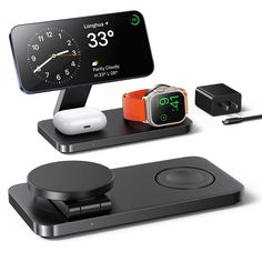 an apple watch and charging station are shown in this image, with the dock attached to it