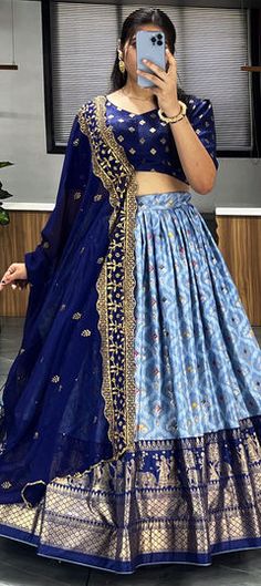 Blue color Lehenga in Dolla Silk fabric with Printed work Lavender Lehenga, Traditional Lehenga, Mirror Work Lehenga, Simple Lehenga, Half Saree Lehenga, Long Gown Design, Lehenga Designs Simple, Half Saree Designs, Choli Designs