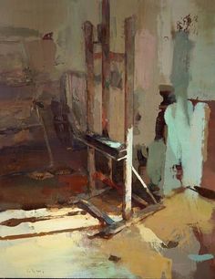 an abstract painting of a chair in a room