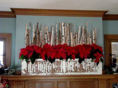 a decorated fireplace mantle with poinsettias and birch sticks on the mantel