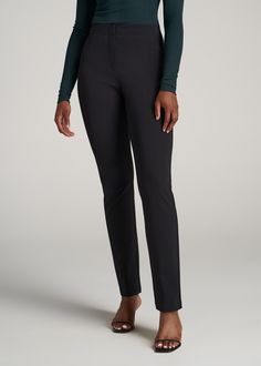 American-Tall-Women-Slim-Fit-Dress-Pant-Black-front Black Slim Fit Dress Pants For Workwear, Black Elastane Business Pants, Black Stretch Dress Pants For Business, Tailored Elastane Business Casual Pants, Black Slim Fit Pants For Office, Tailored Black Dress Pants For Office, Black Ankle-length Dress Pants For Business Casual, Black Full-length Dress Pants For Office, Black Slim Fit Bottoms For Work