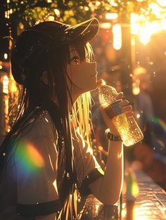 a woman sitting at a table with a bottle in her hand and sunlight shining on her face