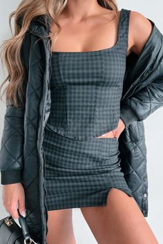 Been That Girl Gingham Paid Top & Skirt Matching Set (Charcoal) – NanaMacs Fitted Plaid Mini Skirt For Spring, Casual Fitted Gingham Skirt, Fitted Gingham Mini Skirt Casual, Casual Fitted Gingham Mini Skirt, Skirt Matching Set, Neck Corset, Checkered Print, Flying Monkey Jeans, Plaid Top