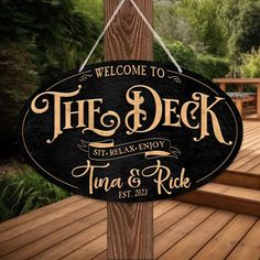 Deck and Patio Sign in Gold letters on black textured oval background. The Deck Deck Signs Outdoor, Patio Deck Decor, Deck Signs, Billiards Room Decor, Garage Game Rooms, Deck Sign, Deck Decor, Metal Deck