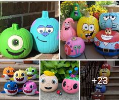 several pictures of pumpkins with faces painted on them